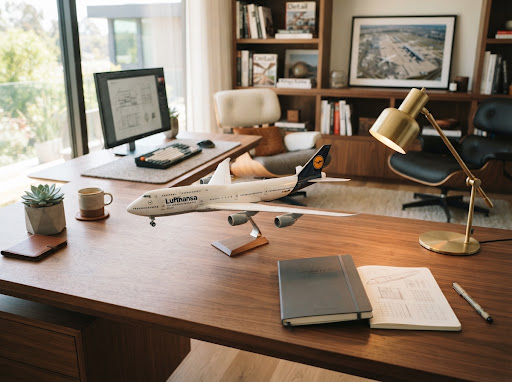 Curated Lufthansa Boeing 747 scale model displayed on an executive walnut office desk next to technical blueprint notebook and brass desk lamp