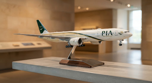 A museum quality 1 to 200 scale diecast model of a Pakistan International Airlines Boeing 777 on a polished metallic plinth. Studio lighting highlights the crisp green and gold livery, landing gear micro details, and wing surface panels against a clean, warm architectural gallery backdrop.