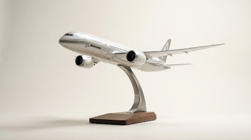 Museum grade precision scale model aircraft mounted on brushed curved stainless steel strut and solid walnut plinth base