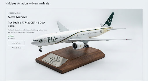 A masterfully crafted 1:200 scale diecast model of a PIA Pakistan International Airlines Boeing 777-300ER airliner with dark green tail fin and crescent moon emblem, resting on a handcrafted walnut base with laser-engraved metal plaque. High key architectural studio lighting accents the diecast wings and GE90 turbofan engines.